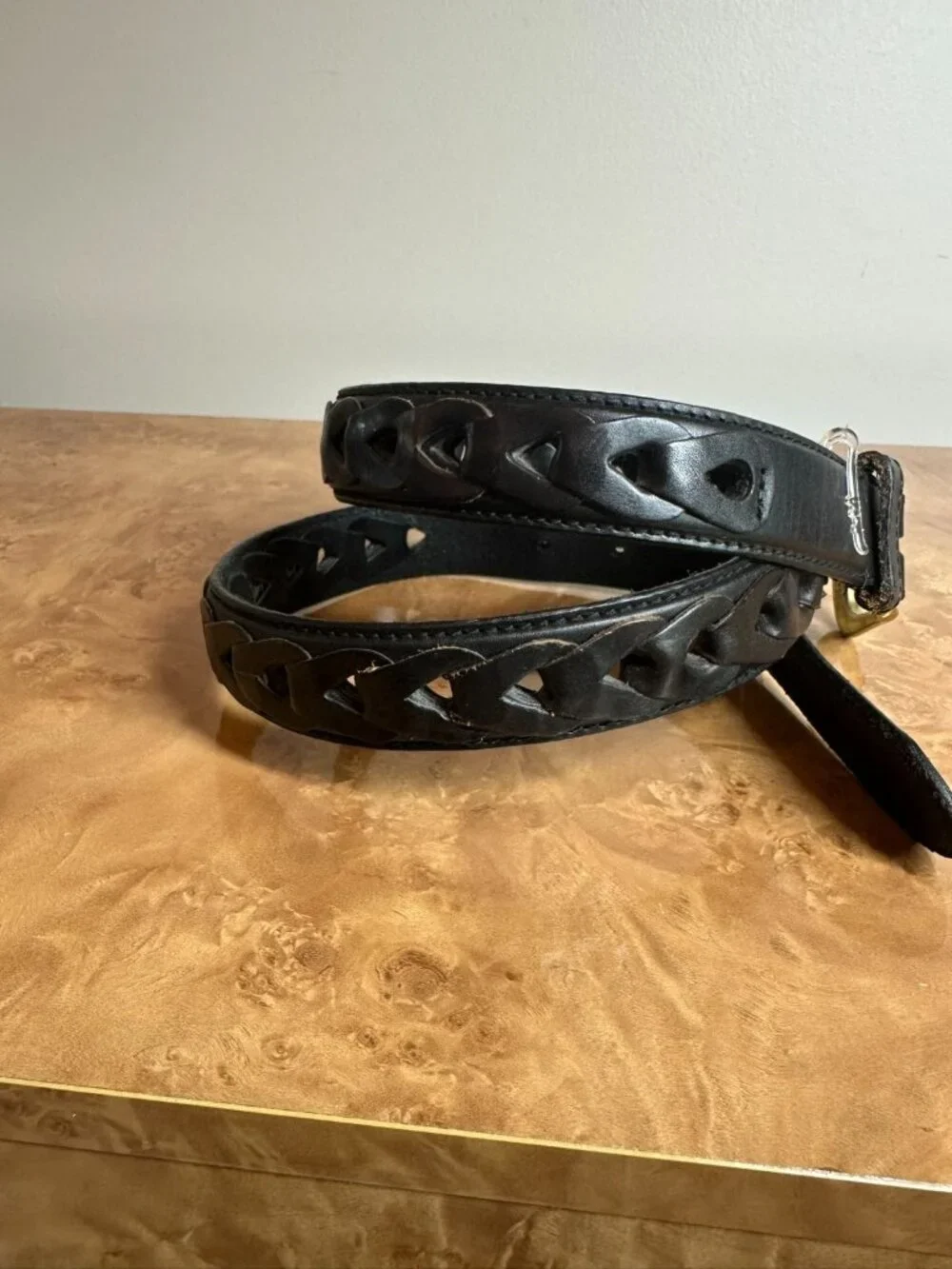 J. Rigging Black Leather Braided Overlay Belt Solid Brass Buckle Size 34 USA